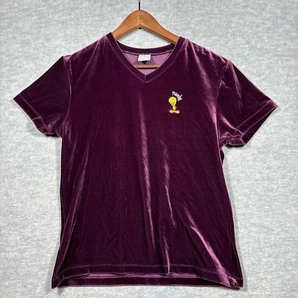 Vtg Tweety Bird Velvet T-Shirt Tee Sz L Warner Bros‎ Womens Purple